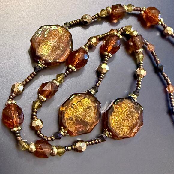 Amber & Gold Foiled Glass Beaded Artisan Necklace - Picture 4 of 7